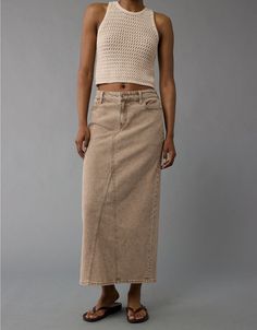 Casual Long Skirt For Everyday Wear, Fitted Mid-rise Cotton Skirt, Fitted Cotton Mid-rise Skirt, Chic Full-length Cotton Denim Skirt, Chic Stretch Cotton Maxi Skirt, Chic Mid-rise Cotton Skirt, Trendy Fitted Cotton Maxi Skirt, Casual Beige Cotton Denim Skirt, Stretch High Rise Cotton Skirt