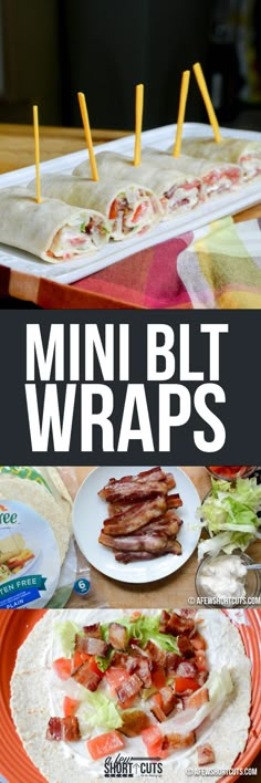 mini blt wraps with bacon, lettuce and tomato on them are ready to be eaten