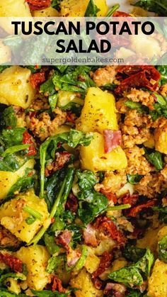 a close up of a plate of food with potatoes and spinach on it, text reads tuscann potato salad