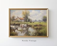 an oil painting of cows drinking water in a field