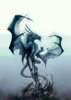 a black and white drawing of a dragon with its wings spread out, holding an umbrella