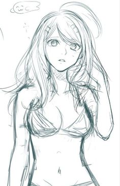 a drawing of a woman with long hair and no shirt on, standing in front of a