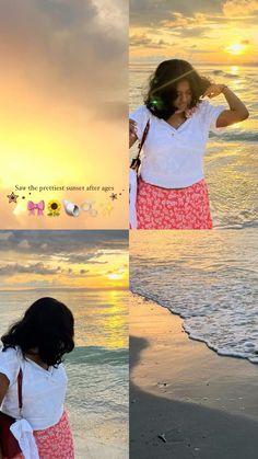 two pictures of a woman standing on the beach at sunset and looking out to sea