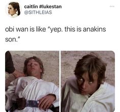 an image of luke from star wars with caption that reads, bobi wan is like yeep this is anakin's son