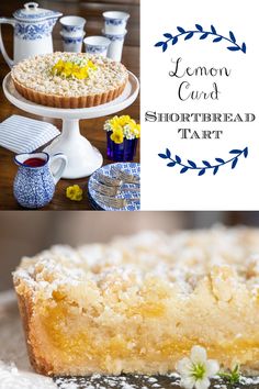 lemon curd shortbread tart on a white plate with blue and yellow flowers