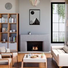 a living room filled with furniture and a fire place in the middle of a room