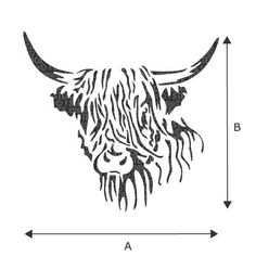 a bull's head with long horns is shown in black ink on a white background