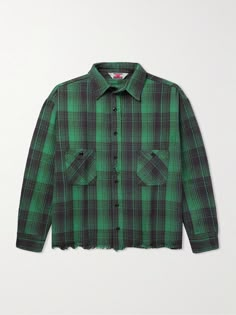 SAINT Mxxxxxx's checked shirt is thoroughly distressed along the placket and hem to look like an authentic vintage style. It's made from soft cotton-flannel and has dropped shoulder seams to accentuate the relaxed cut. Fabric Development, Bike Jacket, Graphic Design Images, Spain Barcelona, Fits Aesthetic, Garment Factory, Shirt Refashion, Mens Flannel Shirt, Clothing Mockup