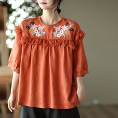 Babakud Women Summer Retro Embroidery Floral T- Shirt Retro Embroidery, Summer Retro, Linen Tshirts, Embroidery Floral, Orange And Pink, Summer Color, Vest Shirt, Linen Women, Summer Colors