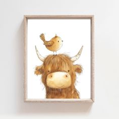 a painting of a cow with a bird sitting on top of it's head