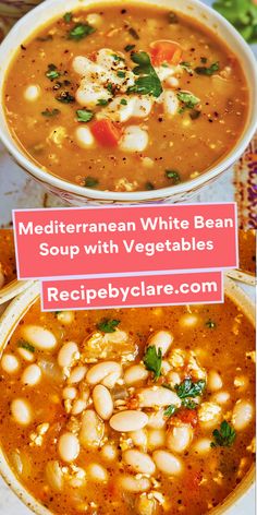 two white bean soups with vegetables and bread on the side, one is in a bowl