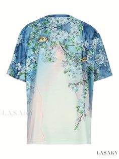 Lasaky - Womens Plus Size Casual Top: Bird & Floral Print Short Sleeve Round Neck Medium Stretch T-shirt Summer Short Sleeve Tops With Digital Print, Summer Digital Print Short Sleeve Tops, Summer Short Sleeve Shirt With Digital Print, Summer Digital Print Short Sleeve Shirt, Summer Shirt With Digital Print And Short Sleeves, Summer Digital Print Short Sleeve T-shirt, Summer Short Sleeve T-shirt With Digital Print, Summer Blue Tops With Digital Print, Blue Digital Print Crew Neck Top