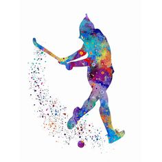 a baseball player is hitting the ball with his bat in watercolor splatters