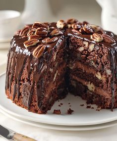 a chocolate cake on a plate with one slice cut out