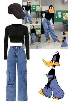 an image of donald duck wearing jeans and a black shirt with the same hat on it