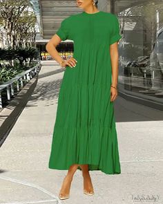 Lasaky - Short Sleeve Casual Swing Dress Green Solid Color Dress For Vacation, Flowy Midi Dress With Short Sleeves In Solid Color, Green Solid Color Vacation Dress, Flowy Short Sleeve Maxi Dress In Solid Color, Flowy Short Sleeve Solid Color Maxi Dress, Flowy Maxi Dress With Short Sleeves In Solid Color, Green Solid Color Dress For Day Out, Casual Flowy Midi Dress In Solid Color, Casual Flowy Solid Color Midi Dress