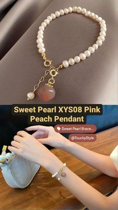 the bracelet is being displayed with pearls on it and in front of a white purse