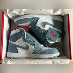 Jordan 1s Brand New Not Worn Size 10.5 In Women’s Size 9 In Men’s Denim Jordan 1s Outfit, Denim Jordans, Blue Air Jordan 1 Outfits, Jordan 1 Denim, Turquoise Jordans, Jordan Jeans, Jordan 1s Outfit, Blue Air Jordan 1, Gold Basketball Shoes