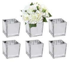 four clear square vases with white flowers in them on a white background, set of six