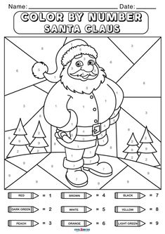 santa claus color by number coloring page with numbers for kids to print and color on