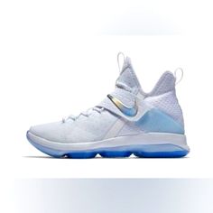 the nike kd trey white and blue basketball shoe is on display in front of a white background