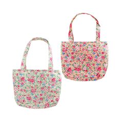 two bags with flowers on them, one pink and the other green are both in different colors