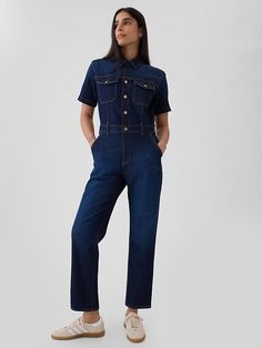 Denim Jumpsuit | Gap Dark Wash Straight Bottoms For Summer, Gap Casual Full Length Jeans, Gap Casual Jeans, Casual Full-length Gap Jeans, Casual Full Length Gap Jeans, Relaxed Fit Full-length Denim Jumpsuit, Relaxed Fit Full Length Denim Jumpsuit, Fitted Denim Jumpsuit With Wide Leg For Workwear, Gap Relaxed Fit Jeans For Workwear