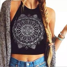 Brand New Black Printed Crop Top, Black Printed Crop Top For Spring, Casual Black Printed Crop Top, Black Printed Tops For Festival, Black Bohemian Crop Top For Summer, Black Bohemian Crop Top, Black Bohemian Crop Top For Spring, Vest Blouse, 90's Fashion