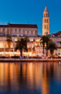 the city is lit up at night with palm trees and buildings in the foreground