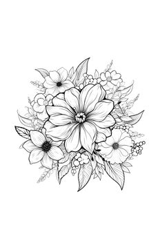 a black and white drawing of flowers with leaves on the bottom half of each flower