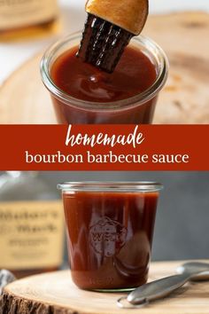 homemade bourbon barbecue sauce in a glass jar with a wooden spoon sticking out of it