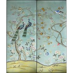 two paintings of birds on trees with flowers