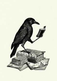 a black bird sitting on top of a pile of books next to an open book