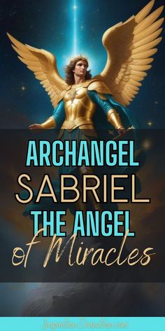 an angel sitting on top of a blue and gold background with the words, archangel sabri