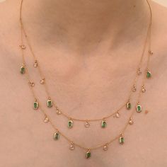 Accessorize your look with this elegant emerald beaded necklace. This stunning piece of jewelry instantly elevates a casual look or dressy outfit. Comfortable and easy to wear, it is just as exquisite worn alone or layered with other charms for a modern fashion statement.PRODUCT DETAILS :- Material - 18K Solid Yellow Gold Gemstone - Emerald Stone Weight - 2.9 ct Stone Pcs - 11 Diamond Weight - 1.29 ct Diamond pcs- 15 Stone Shape - Octagon Stone Size - 6 x 4 mm Length - 21 Inch Width - 4.7 mm Gro Gold And Gemstone Jewelry, Gold Necklace Designs Indian, Gold And Emerald Jewelry, Beeds Chain Designs, Elegant Necklaces Classy, Chain Designs Gold, Layered Necklaces Gold, Simple Diamond Necklace, Emerald And Diamond Necklace