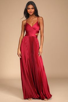 Dresses for Women | Best Women's Dresses Online - Lulus Red Velvet Formal Dress, Cotillion Dresses Long, Satin Maxi Dresses, Pleated Formal Dress, Fun Bridesmaid Dresses, Pleated Dress Formal, Jewel Tone Dresses, Red Wedding Guest Dress, Waist Cutout Dress