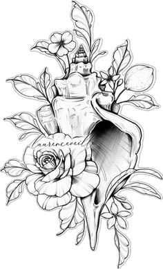 an ink drawing of a vase with flowers and leaves on the side, in black and white