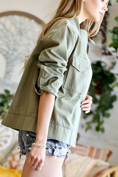 Your Closet Is Going To Be Very Happy This Season! Green Military Jacket Front Double Pockets Zip Closure 100% Cotton Fall Button-up Tops With Side Pockets, Trendy Long Sleeve Tops With Side Pockets, Spring Utility Jacket With Patch Pockets, Collared Utility Jacket With Side Pockets For Spring, Spring Collared Utility Jacket With Side Pockets, Spring Long Sleeve Utility Jacket With Side Pockets, Spring Shacket With Side Pockets And Long Sleeves, Spring Button-up Shacket With Side Pockets, Khaki Tops With Flap Pockets For Fall