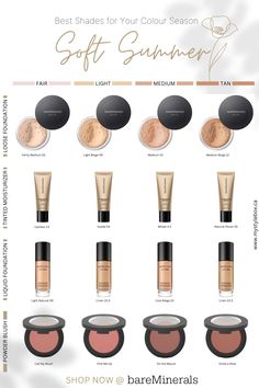 Best Make-Up Colours for the Soft Summer Colour Season True Summer Color Palette Hair Colour, Cool Summer Color Palette Makeup, Summer Colour Season, True Summer Makeup, Soft Autumn Makeup, Summer Foundation