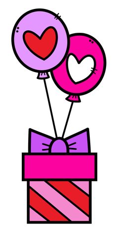 a pink box with two balloons and a heart on the top that is tied to it