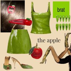 a collage of green and red items including shoes, an apple and a woman's hair