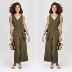 Stunning! It Looks More Expensive In Person. It Fits Very Well And Looks Elegant. I Highly Recommend It. Olive Green V-Neck Jumpsuit/Romper By A New Day Brand Womens/Misses Size Small, New With Tag, Pant Style Bottom Portion, Fabric Tie Belt, V-Neck In Front And Back, Polyester Fabric, Pockets, Measures 27" Across The Chest From Armpit To Armpit When Measured Across The Back Spring V-neck Jumpsuits And Rompers For Work, Spring Workwear V-neck Jumpsuit, Green V-neck Jumpsuit For Work, Green V-neck Jumpsuit For Loungewear, Chic Olive V-neck Dress, Green V-neck Cotton Jumpsuit, Solid V-neck Belted Jumpsuit, Striped Pant, Belt Jumpsuit