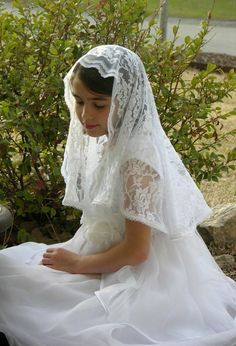 First Communion Month Of Mary, Christian Veils, Christian Head Covering, Catholic Veil, Head Scarfs, Mantilla Veil