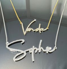 --Pave Script Name Necklace,Diamond Name Necklace,Gold Name Necklace,Crystal Name Necklace,Bling Name Necklace,Custom Name Jewelry,Mom Gifts The most unique jewelry you can find, a perfect gift for your friend, family, or for yourself.  ❤️ Made and shipped from the USA ❤️ NO FADE / NONTARNISH / WATERPROOF ❤️ High-quality materials and attention to detail ❤️Color: Silver, Gold, Rose Gold ❤️ Our Process time is about 5 - 10 business days upon ordering.         The Transportation time is 4-7 Days. Sparkling Crystal Rhinestone Necklace Gift, Personalized Cubic Zirconia Necklaces For Party, Personalized Cubic Zirconia Party Necklaces, Personalized Party Necklaces With Cubic Zirconia, Gift Rhinestone Crystal Necklace With Sparkling Stones, Personalized Cubic Zirconia Party Necklace, Sterling Silver Rhinestone Necklace For Gift, Cubic Zirconia Crystal Necklace With Rhinestones As Gift, Gift Crystal Rhinestone Necklace With Sparkling Stones