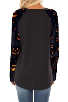 Black Halloween Theme Long Sleeve Pullover Top Black Long Sleeve Top For Halloween, Long Sleeve Black Top For Halloween, Spooky Black Long Sleeve Top, Spooky Black Tops For Costume Party, Fall Costume Party Long Sleeve Tops, Black Crew Neck Top For Halloween, Long Sleeve Tops For Costume Party, Fall, Long Sleeve Tops For Costume Party In Fall, Spooky Long Sleeve Halloween Tops