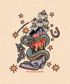 a drawing of a snake with flowers on it's head and stars around its neck