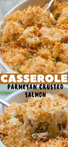 casserole with parmesan crusted salmon in a white dish and on a plate