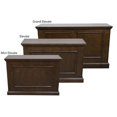 three different types of wooden furniture with labels on the front and back sides, including an end