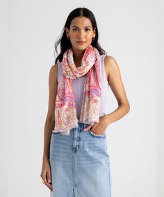 This lightweight, linen-blend wrap features an intricate, watercolor-inspired print that's modern-yet-timeless, and ready for sunshine. Dimensions: 27 in. x 72 in.Materials: 85% Modal, 15% LinenMade in: India Casual Summer Scarves With Paisley Print, Casual Summer Paisley Print Scarves, Casual Paisley Print Scarves For Summer, Casual Linen Scarves For Summer, Bohemian Linen Scarves For Spring, Bohemian Printed Scarves For Summer, White Spring Scarves For Vacation, White Scarf For Spring Vacation, Casual Floral Print Summer Scarves