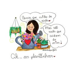 a drawing of a woman with flowers in a watering can and speech bubbles above her